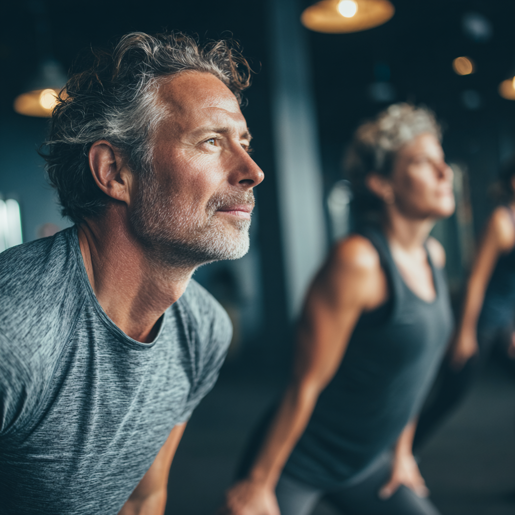 Middle-aged adults practicing functional fitness exercises in modern gym environment