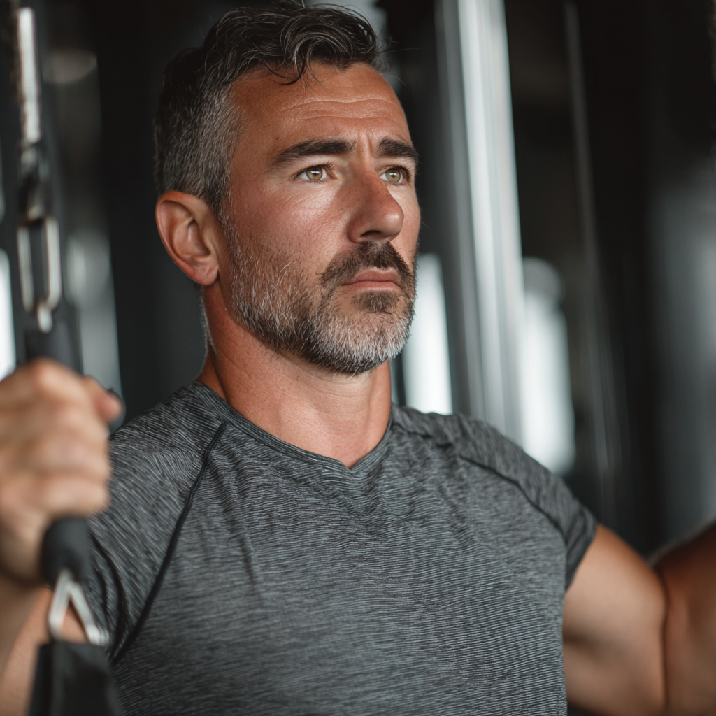 White ukranian middle-aged professional during strength training session showing transformation journey